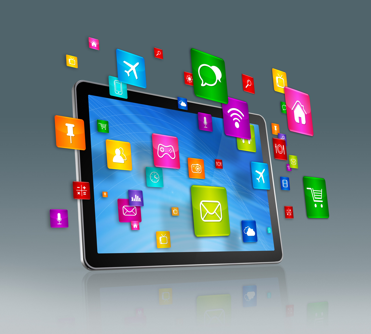 Digital Tablet and Flying Apps Icons