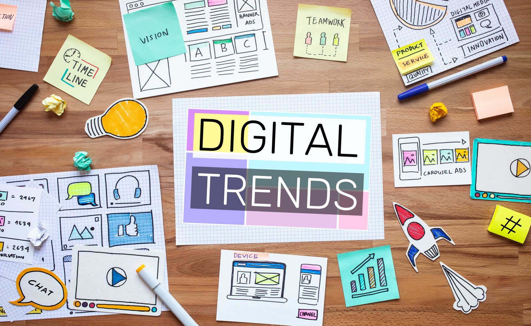 Digital trends on marketing meeting project with paper plan on desk table.business communication